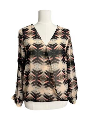 Depri Blouse Womens Medium Beige Geometric Sheer Surplice Slit Sleeve Top